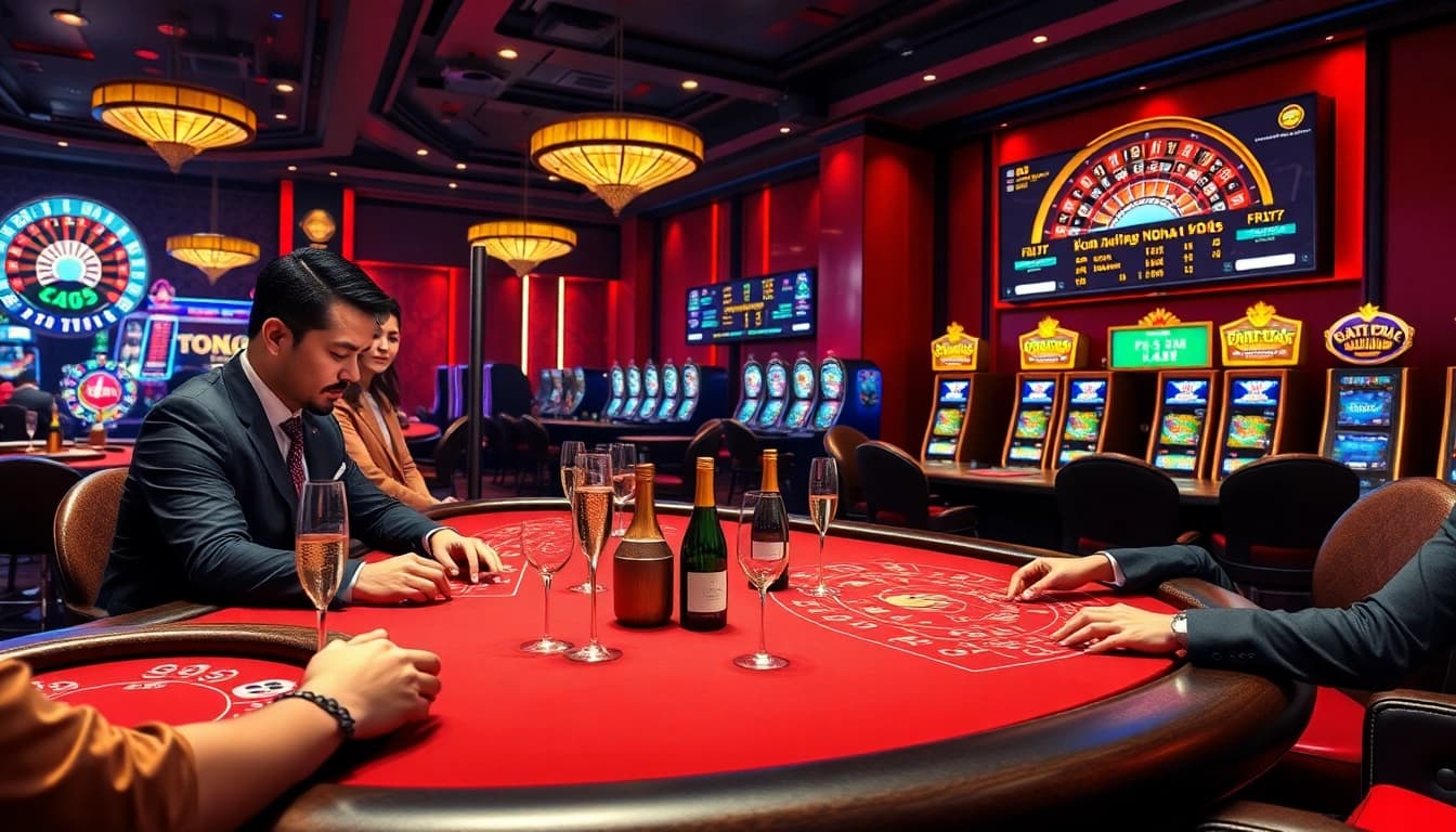 Kèo Nhà Cái 5 showcasing an exciting and upscale casino scene with poker tables and vibrant slot machines.