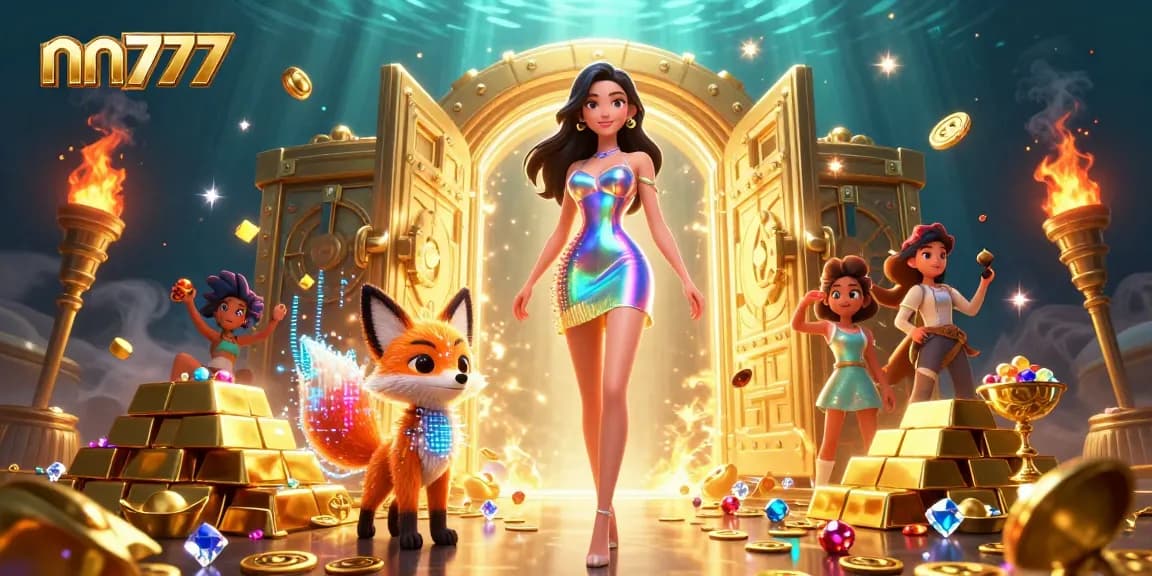 nn777 platform showcases vibrant gambling experience with colorful fox and shimmering treasures.