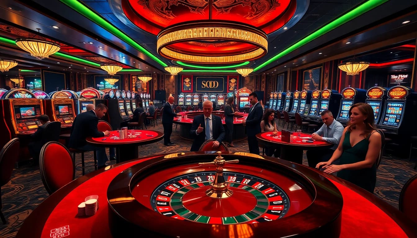 Experience the thrill of SODO CASINO with vibrant tables, excited players, and luxury gaming elements.