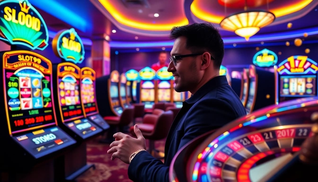SLOT99 slot machines with colorful displays and excited players in a luxurious online casino environment.