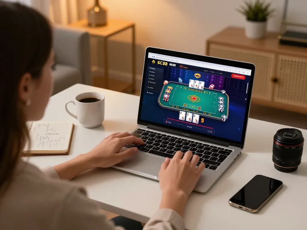 Engaging with SC88 online casino on a laptop showcasing dynamic gameplay illustration