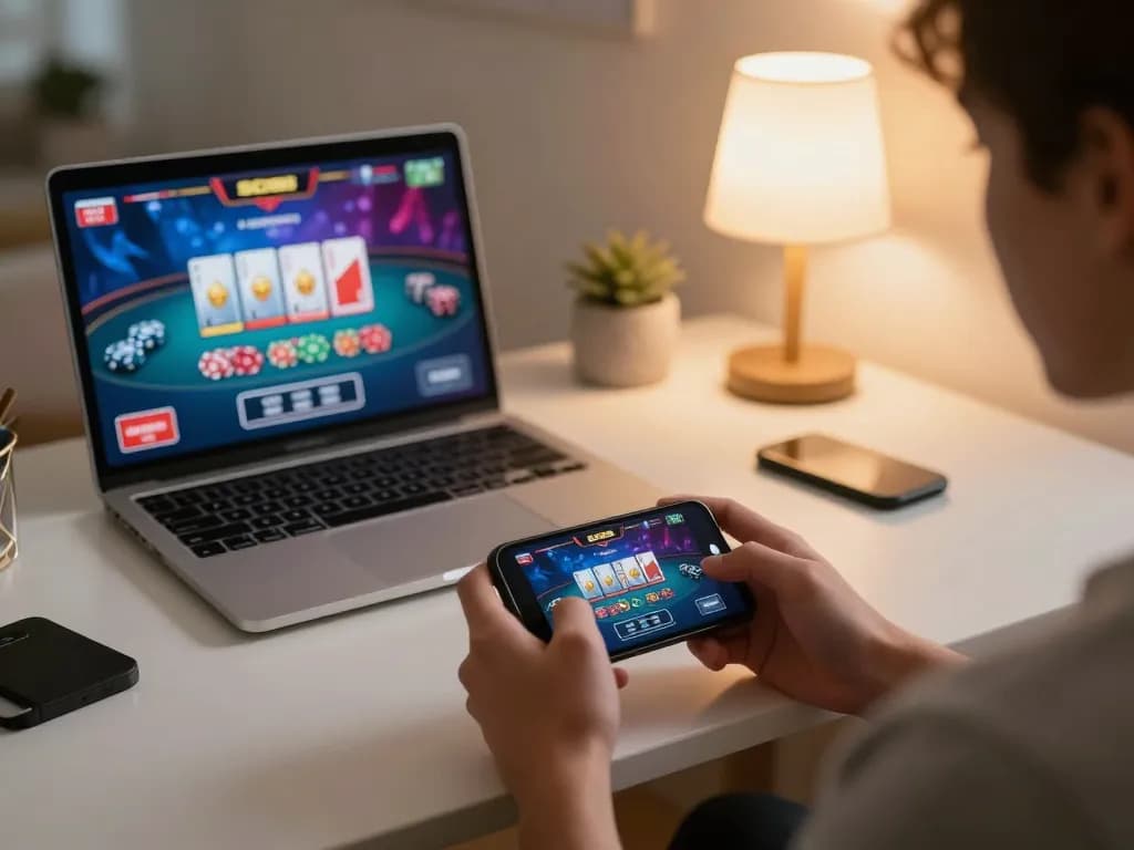Player engaging with the SC88 app on their smartphone in a cozy home setup, reflecting strategic online gaming.