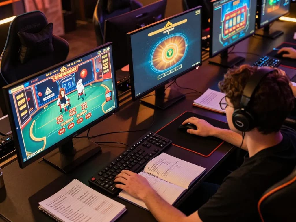 F168 online casino gaming setup featuring multiple screens and a focused player immersed in gameplay