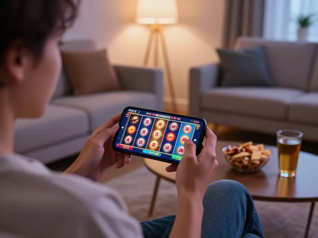 Player enjoys online gaming on smartphone, highlighting nhà cái tg88 experience in a cozy home environment.