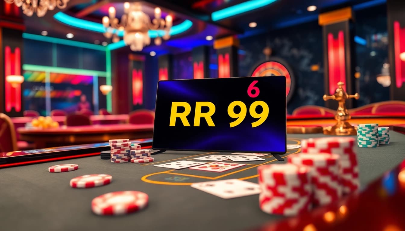 Experience exciting RR99 gaming moments at a vibrant casino table with cards and roulette.
