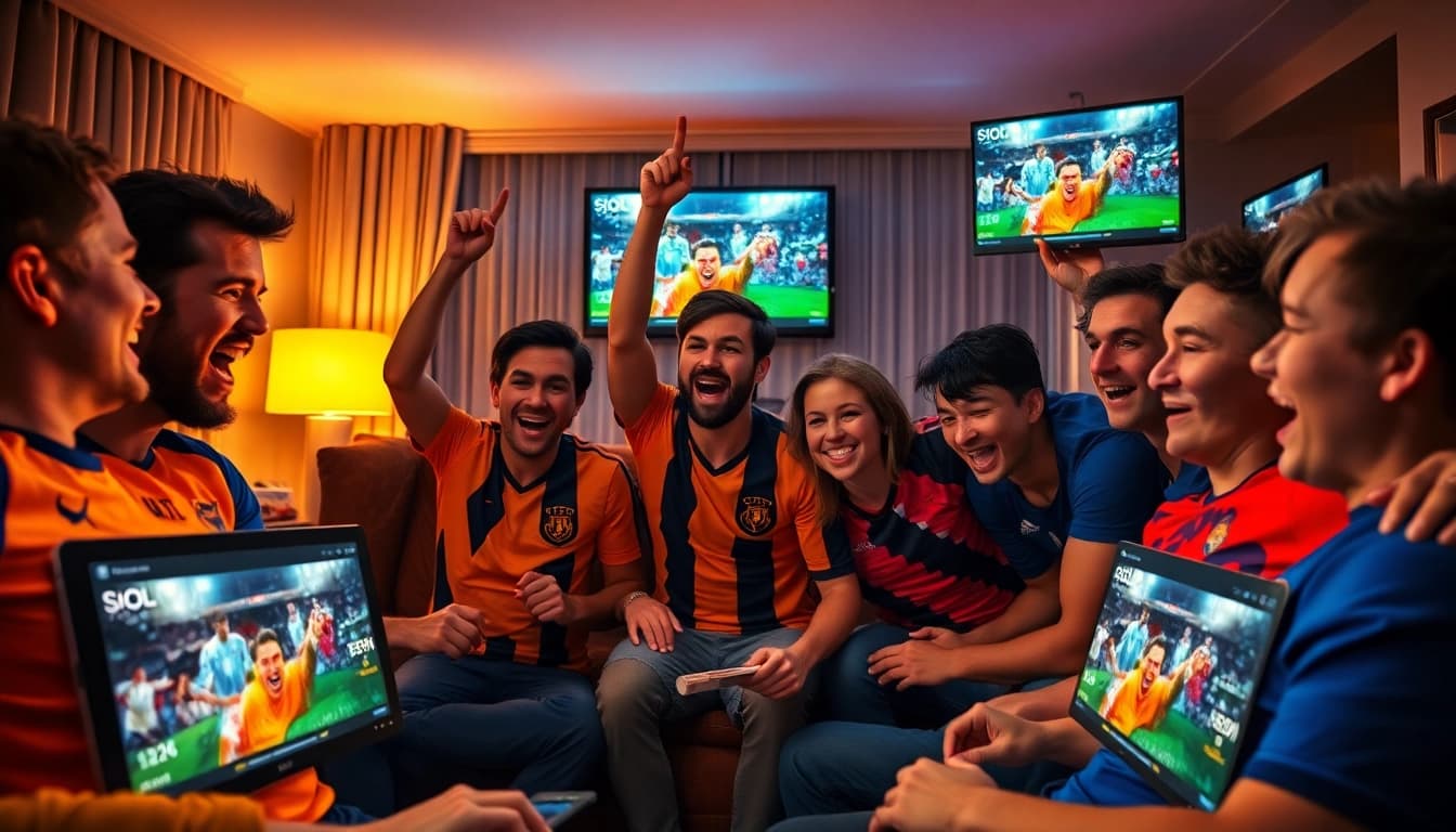 Exciting football fans enjoying a live match on https://socolive.com.co/ in a cozy setting with vibrant colors.