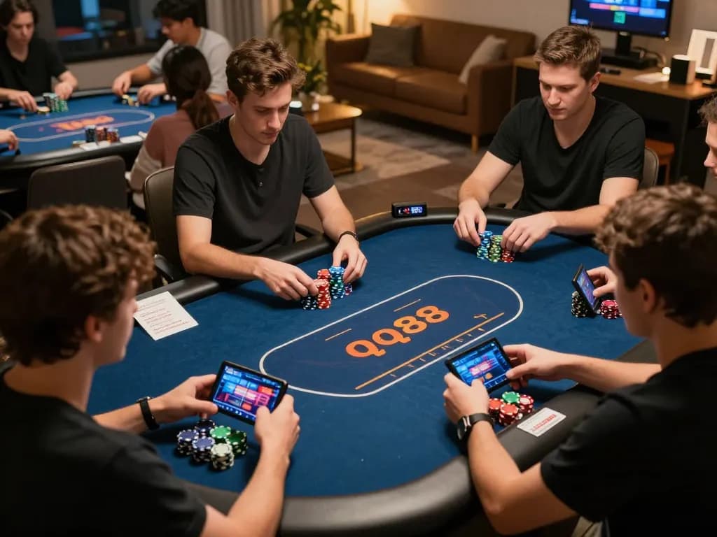 Players enjoy qq88 poker in vibrant online gaming session, showcasing strategic play and social interaction