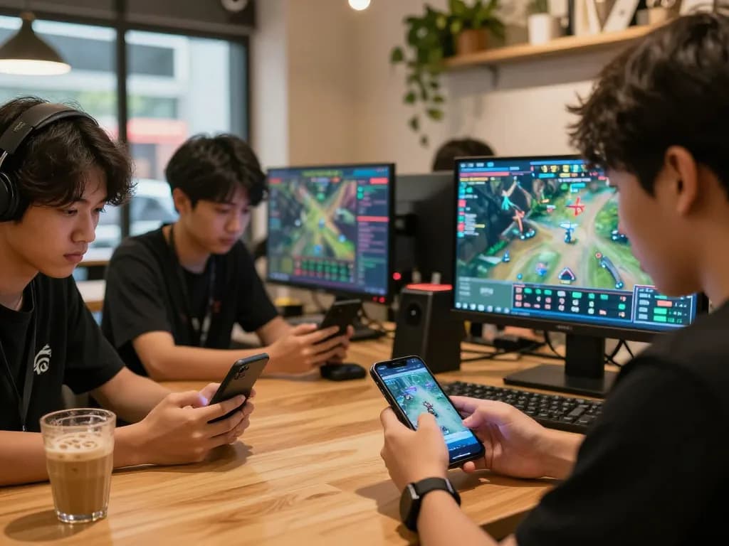 Engaged bettors analyzing esports betting odds on mobile apps in a vibrant setting, focusing on esport betting singapore.