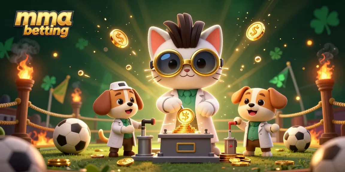 Engage in mma betting with a vibrant 3D scene featuring a mad scientist cat and sports elements.