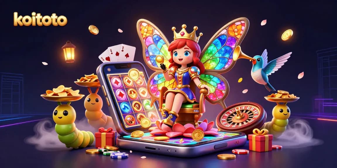 Experience thrilling gameplay with koitoto, featuring a vibrant scene of a butterfly queen and slot games.