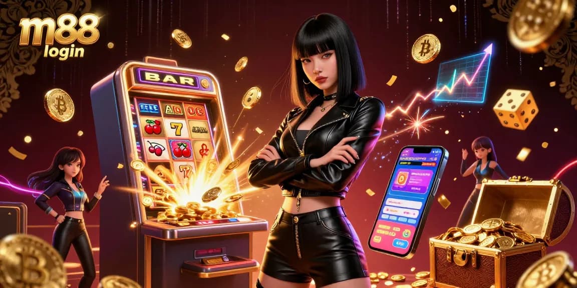 Suasana login M88 yang menampilkan wanita Asia yang menakjubkan dengan elemen kasino dan grafik yang cerah, ideal untuk perjudian online.