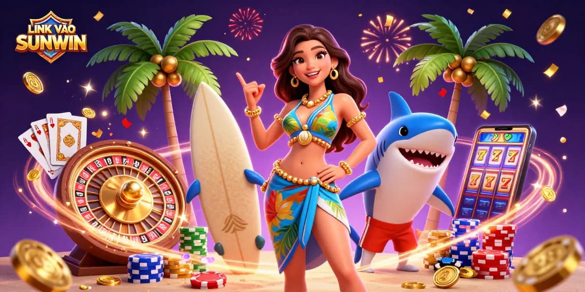Play and win with LINK VÀO SUNWIN as vibrant casino action unfolds alongside golden coins and gems.
