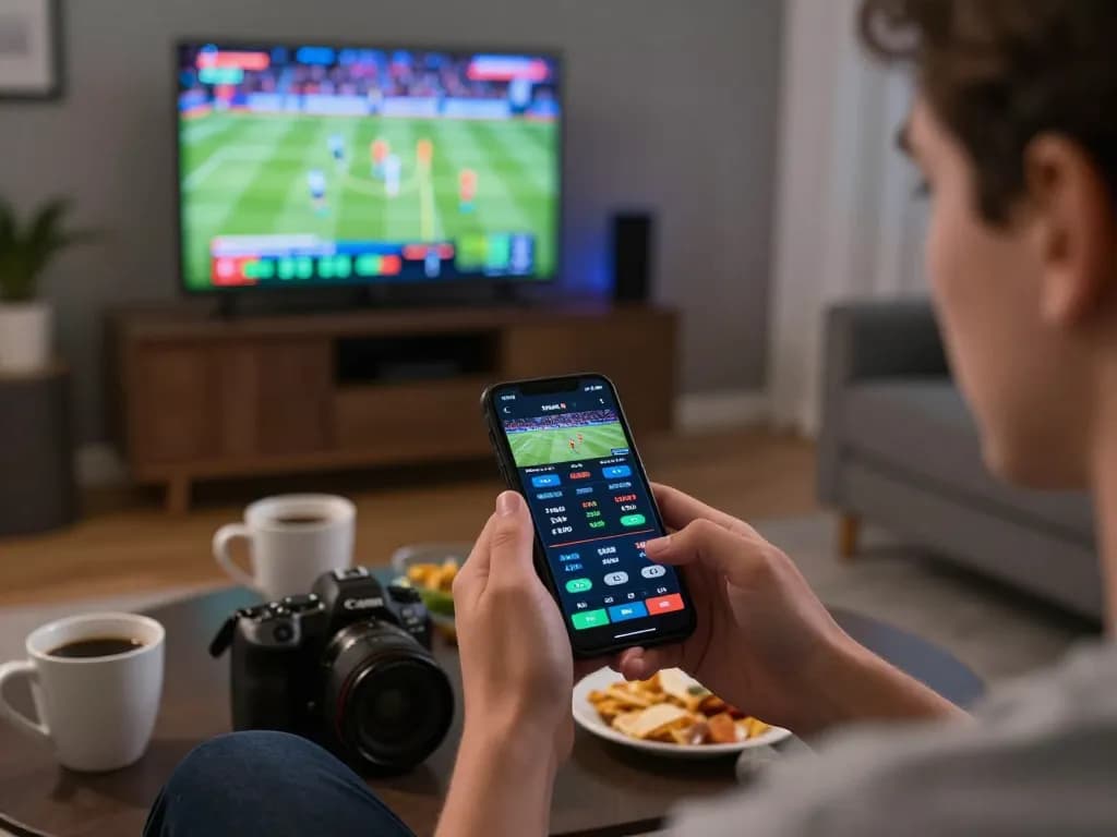 Engaging in F168 sports betting via mobile app with live odds displayed in a cozy home setting