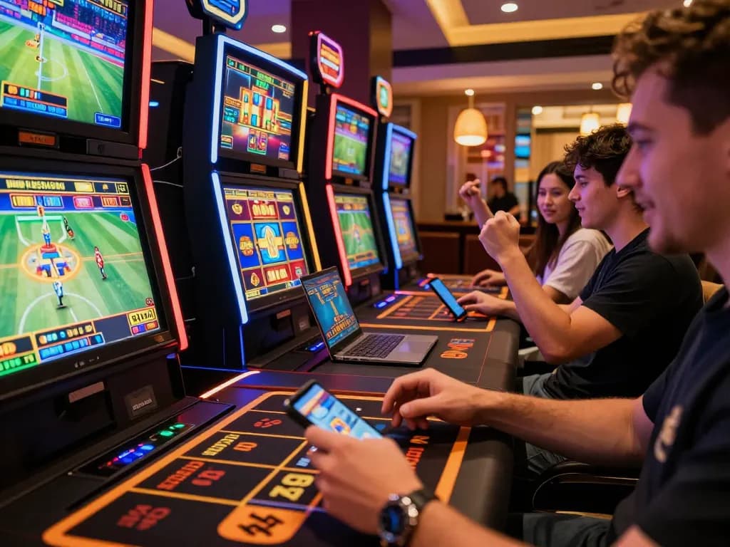Players enjoying a dynamic online gambling experience at trang chủ cwin, celebrating wins in a vibrant gaming lounge.