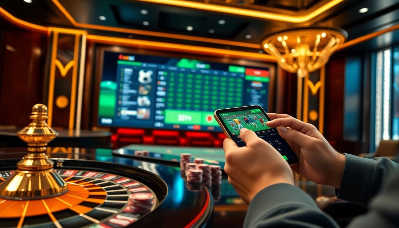 Betting on sports through a sleek interface while engaging in แทงบอล, featuring vibrant casino elements.