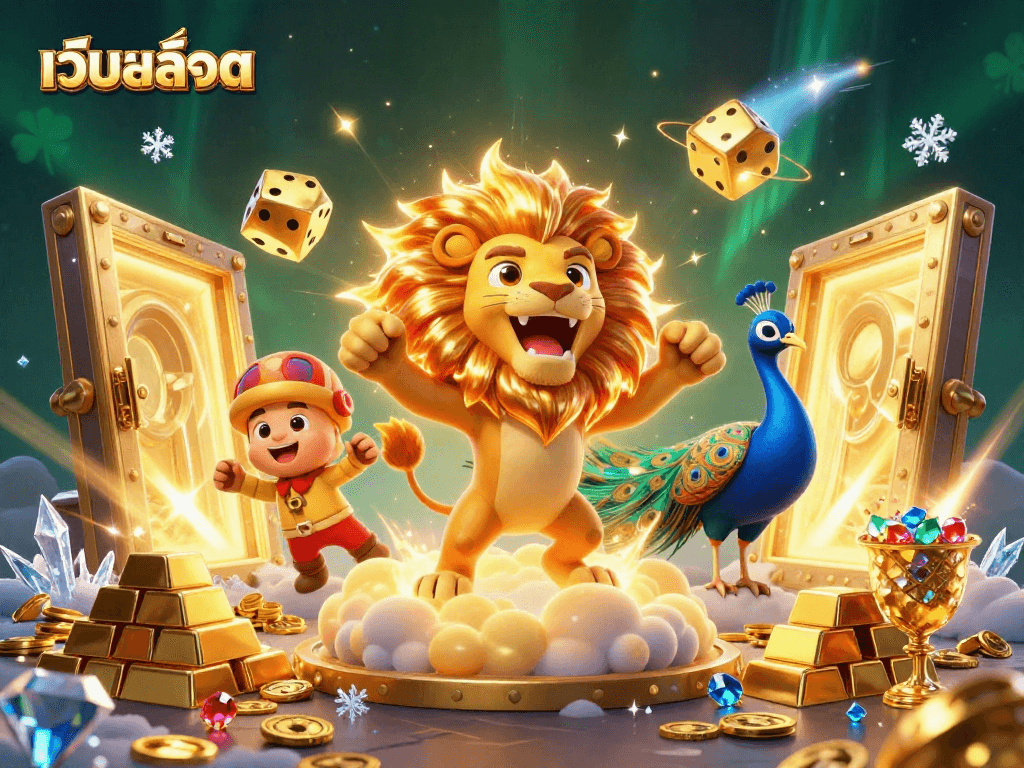 Experience เว็บสล็อต magic with a roaring lion, golden dice, and dazzling treasure!