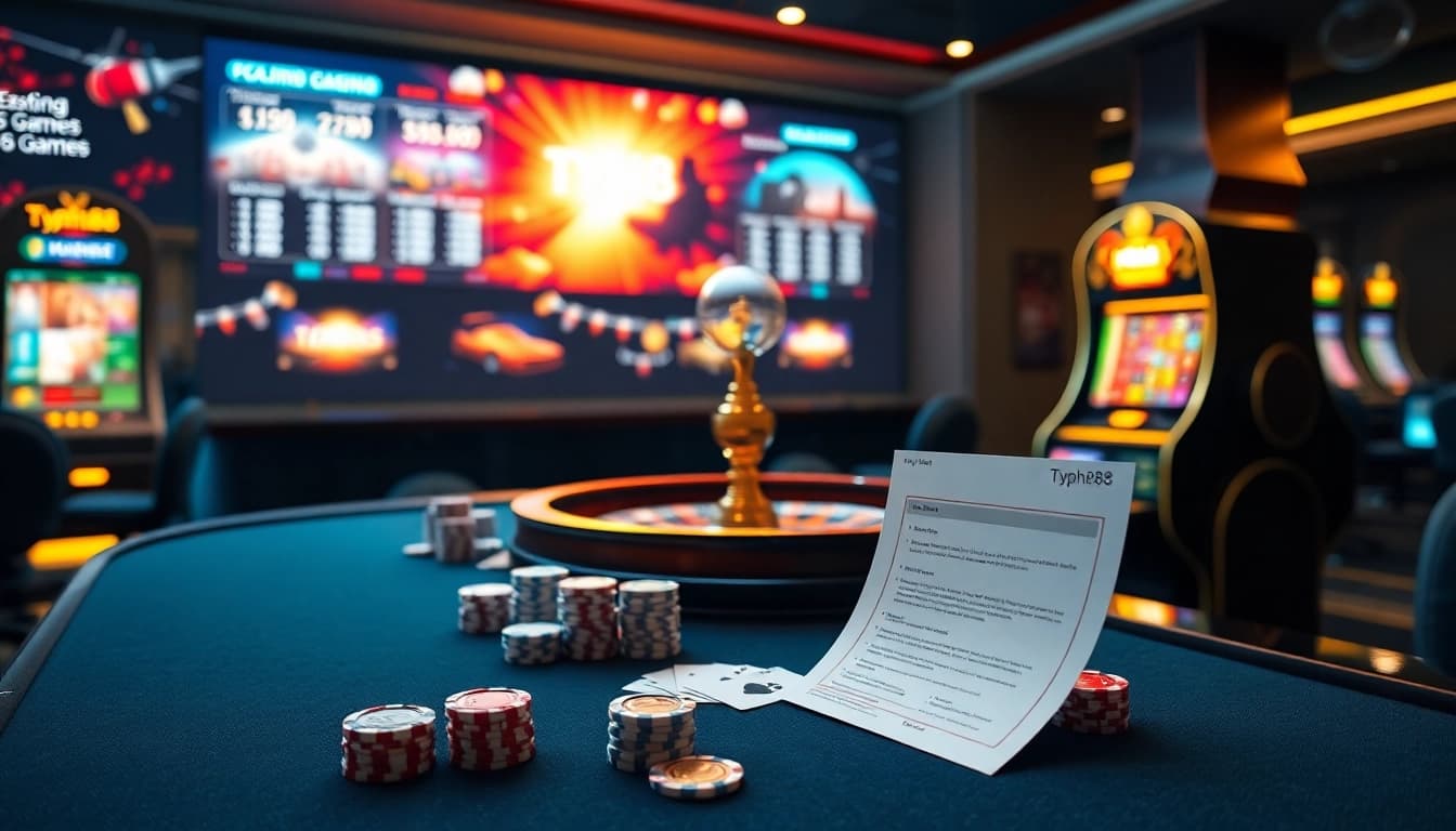 Experience the thrill of gambling at Typhu88 with an engaging casino scene featuring poker chips and a roulette wheel.