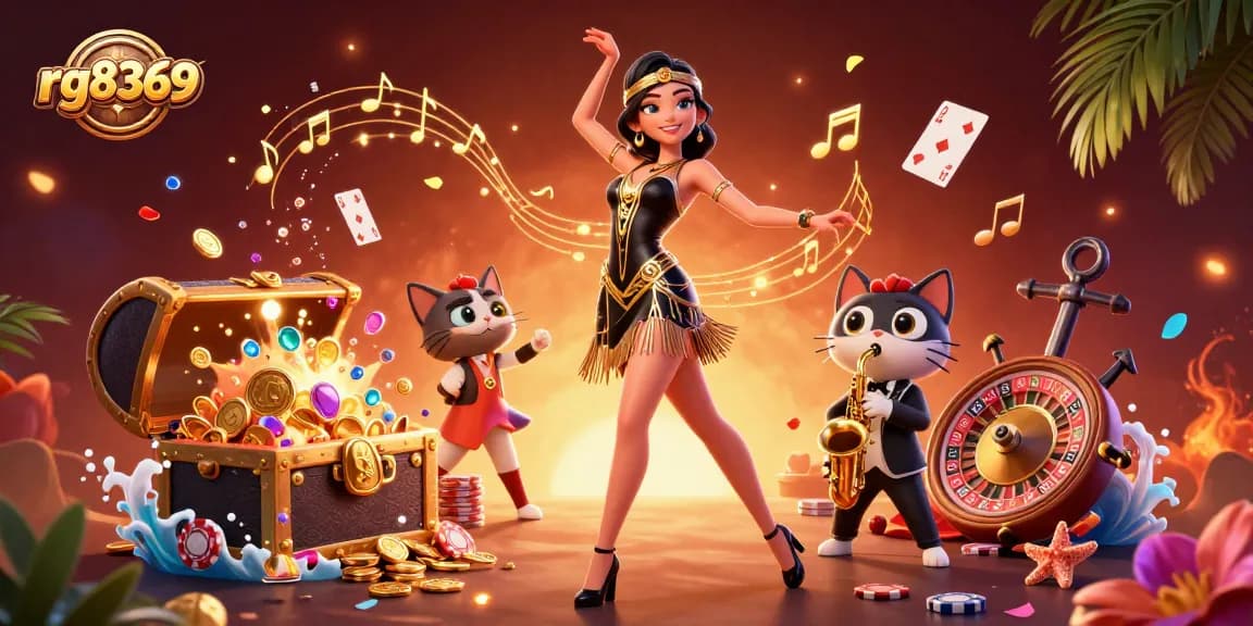 Spin and win at rg8369 with vibrant online casino characters, playing cards, and casino elements.