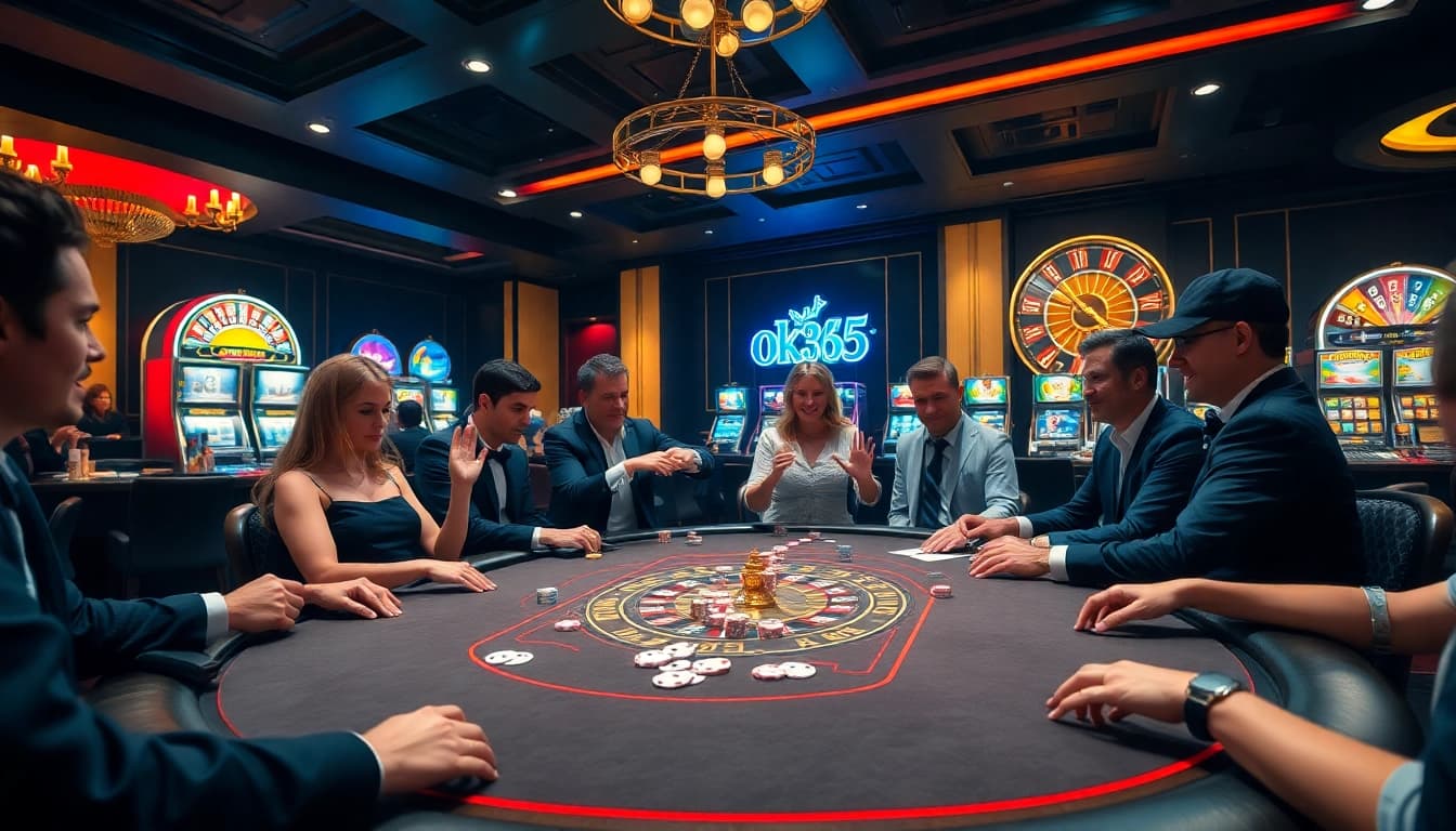 Players engaging in thrilling poker at an elegant casino table, highlighting ok365 gambling excitement.