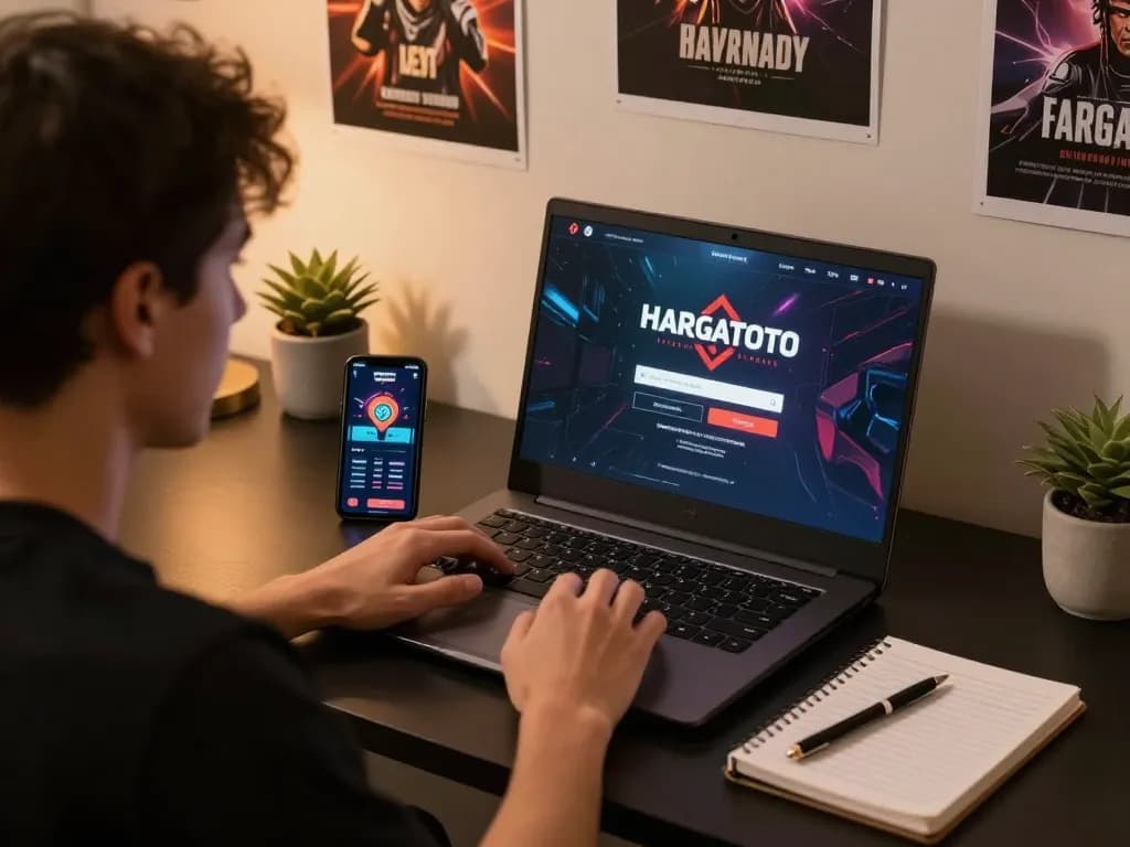 hargatoto login screen displayed on a laptop as player strategizes for online betting
