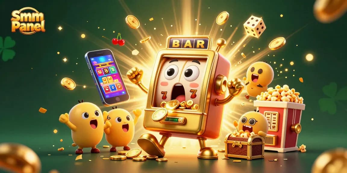 Engage with the Smm Panel in a vibrant scene of a golden slot machine celebrating a jackpot, surrounded by dynamic casino elements.