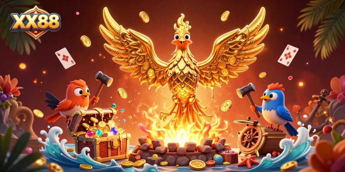 Experience thrilling gaming adventures with XX88, featuring a golden phoenix and live casino elements.