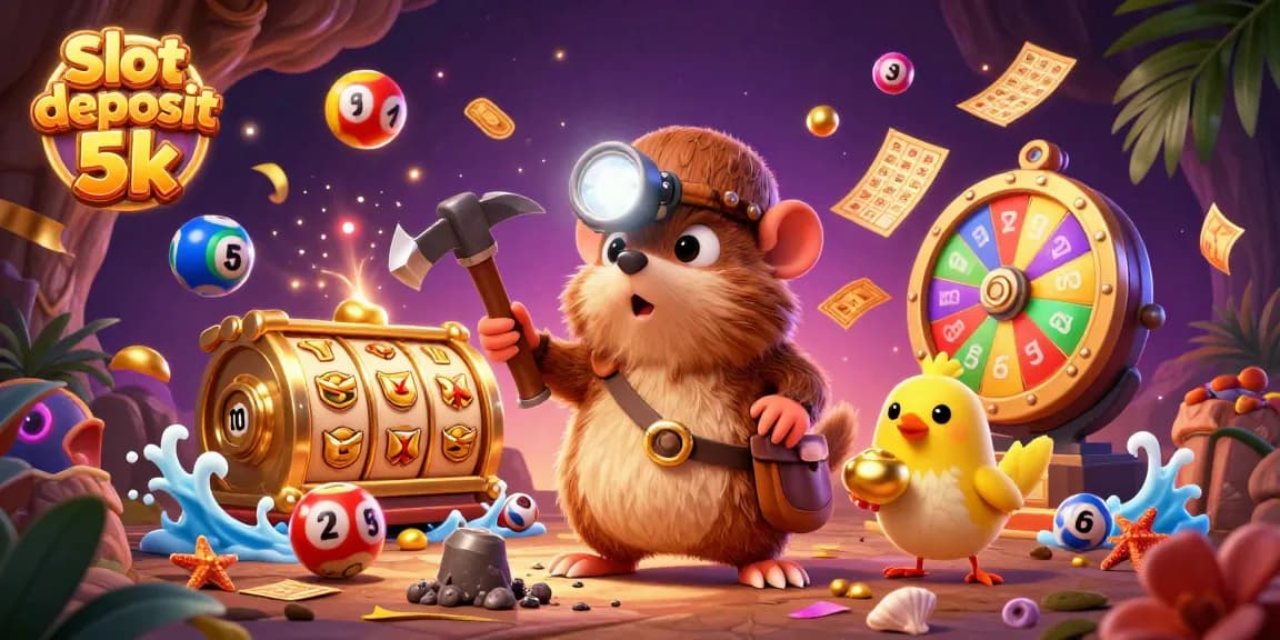 Engage with Slot deposit 5k in this dynamic scene featuring colorful lottery elements and an adventurous treasure hunter.