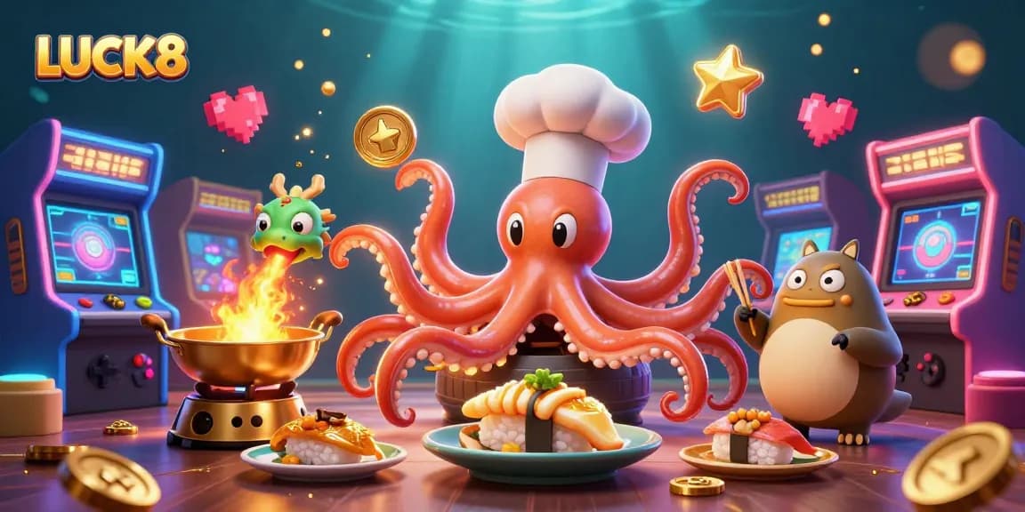 Engage with LUCK8 in a vibrant 3D casino scene showcasing various game elements and characters.