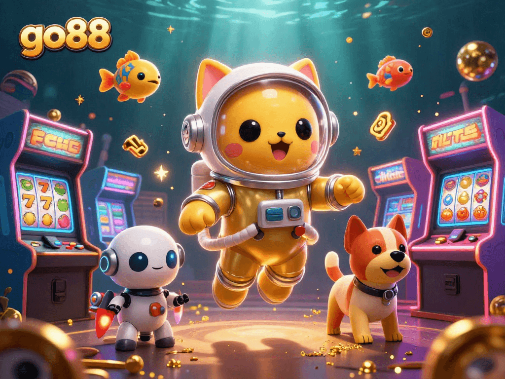 Engage with go88's vibrant cosmic casino world featuring an astronaut cat and a robot dog amidst slot machines.