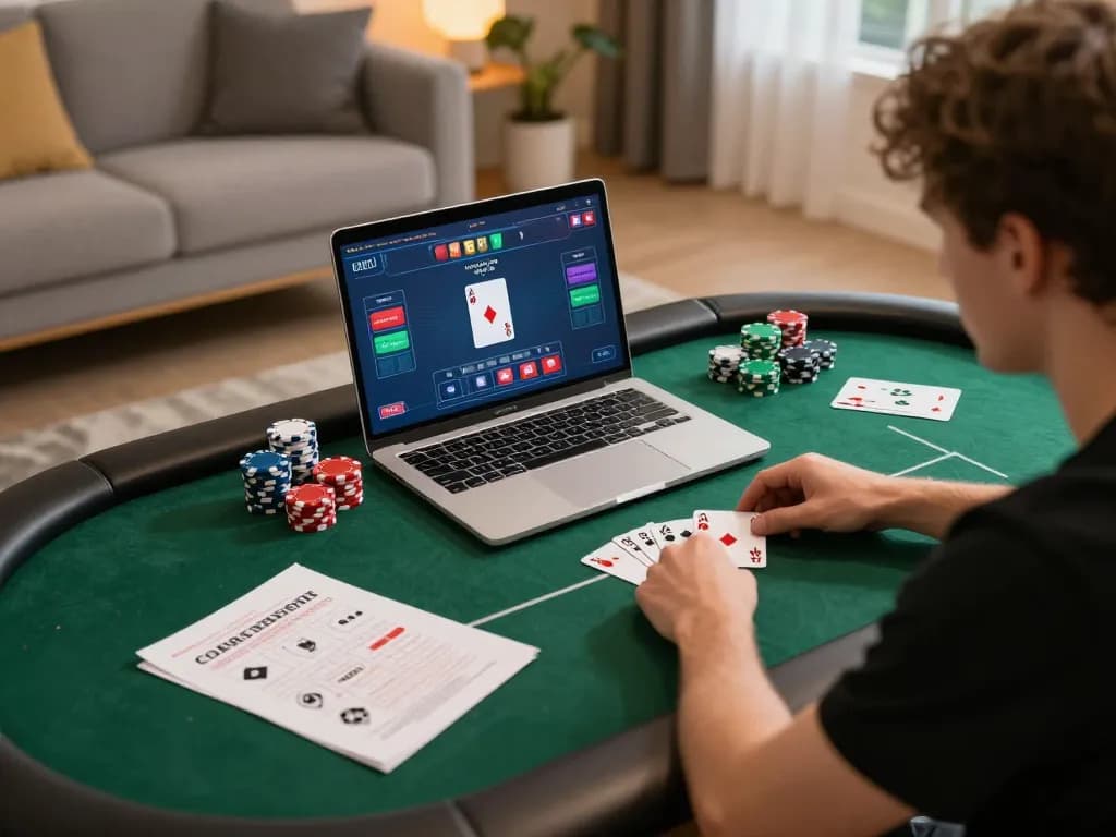 Engaged player strategizing in an online poker game at home with rikvip on their laptop, chips organized on the table.