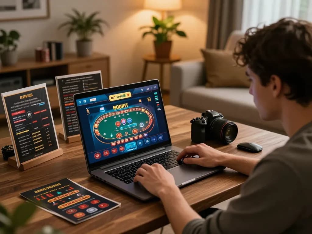 open88 online casino gaming scene with laptop displaying poker game graphics, warm home ambiance.