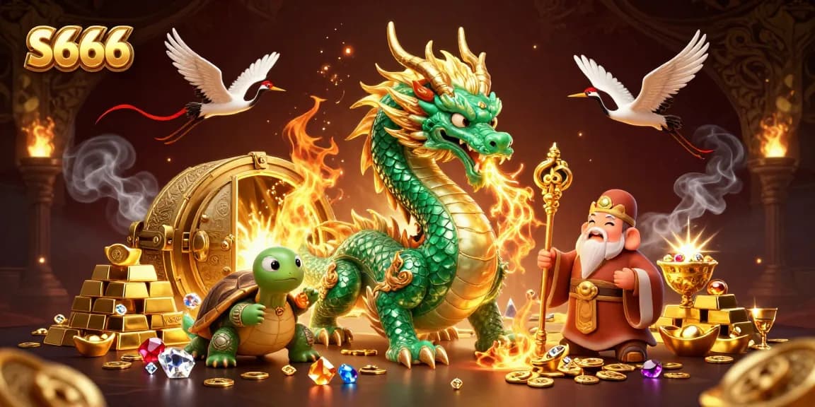 Engage with S666's thrilling atmosphere, featuring mystical characters and lavish treasures in a rich 3D casino scene.