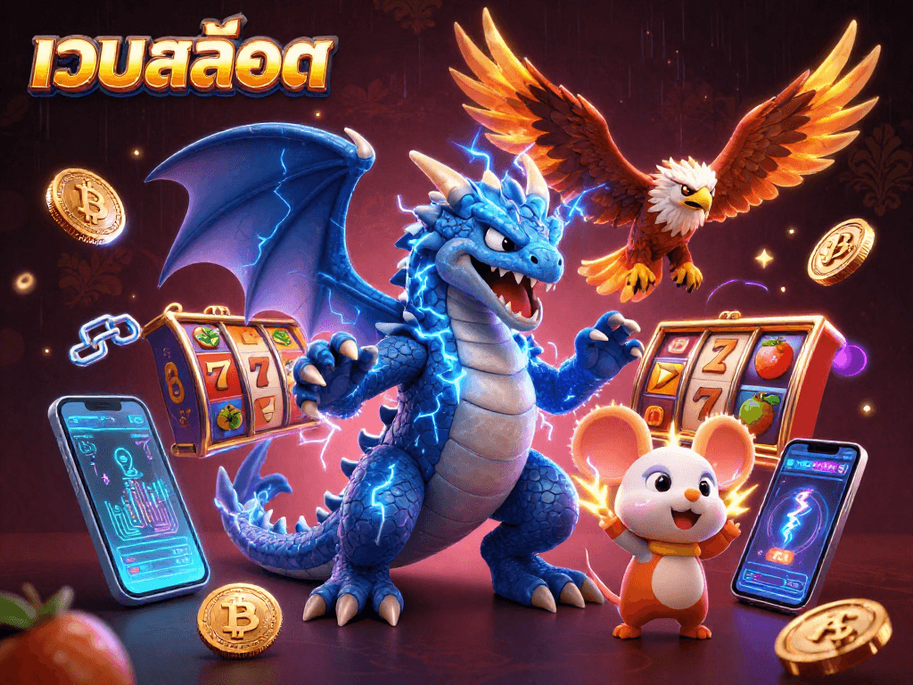 Experience เว็บสล็อต excitement with vibrant slot reels and electric characters in a thrilling 3D casino scene.