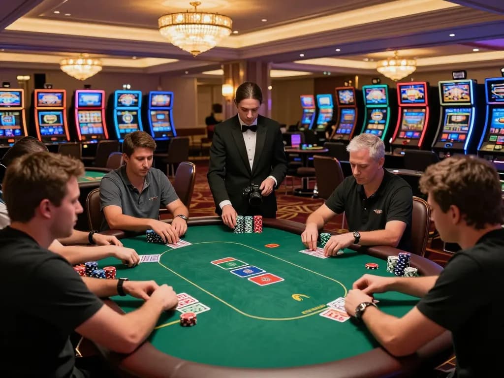 Players strategizing in an OKFUN poker tournament at a luxurious casino, showcasing game excitement and high stakes.