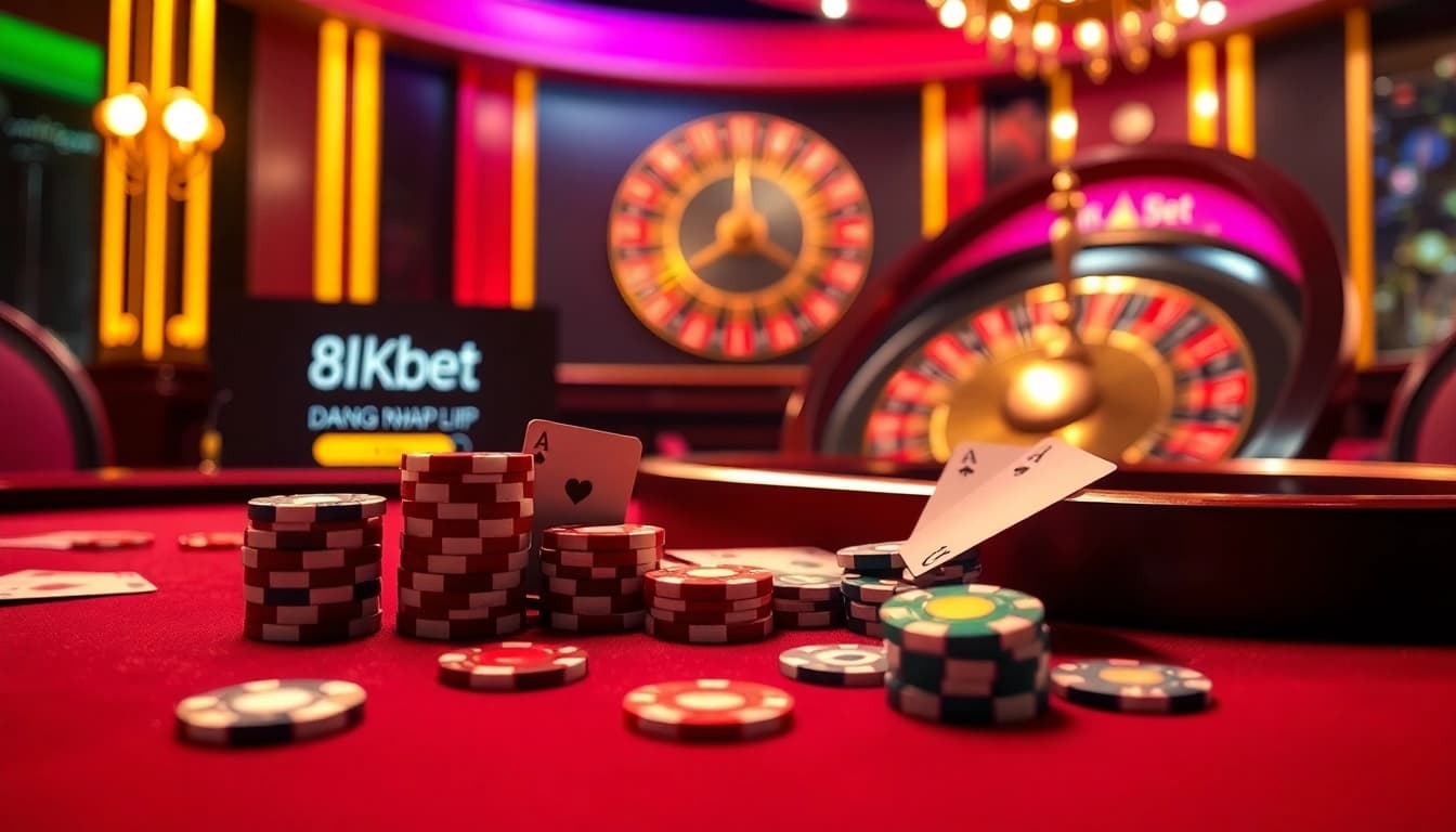 An engaging casino scene showcasing the excitement of 8kbet dang nhap with a poker table, vibrant chips, and roulette wheel.