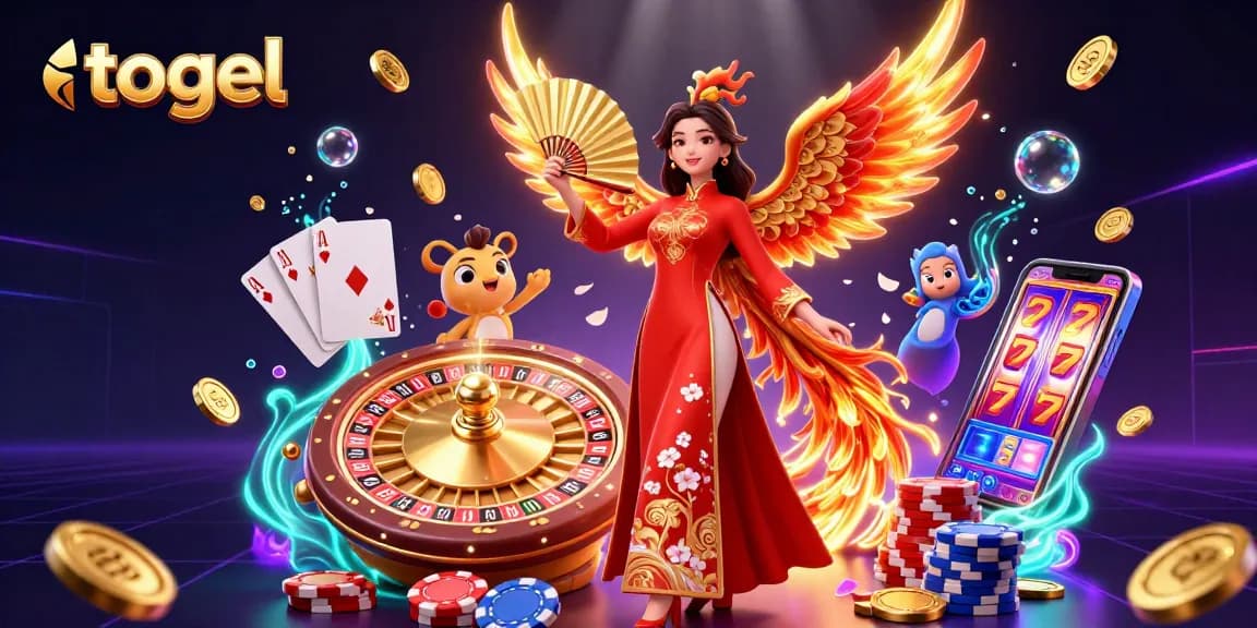 Togel betting scene with a stunning woman, phoenix, and vibrant casino elements showcasing excitement and winning potential.