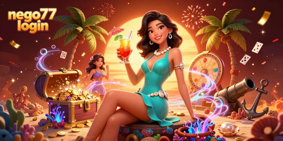 Experience seamless gaming with nego77 login at this vibrant tropical casino illustration.
