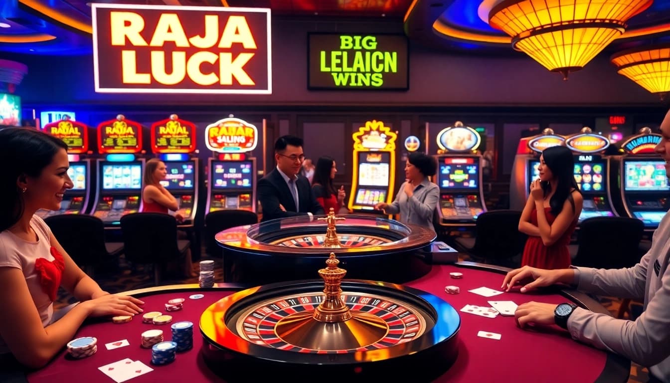 An exciting scene at the casino showcasing Raja Luck with vibrant poker chips, cards, and an engaging dealer.
