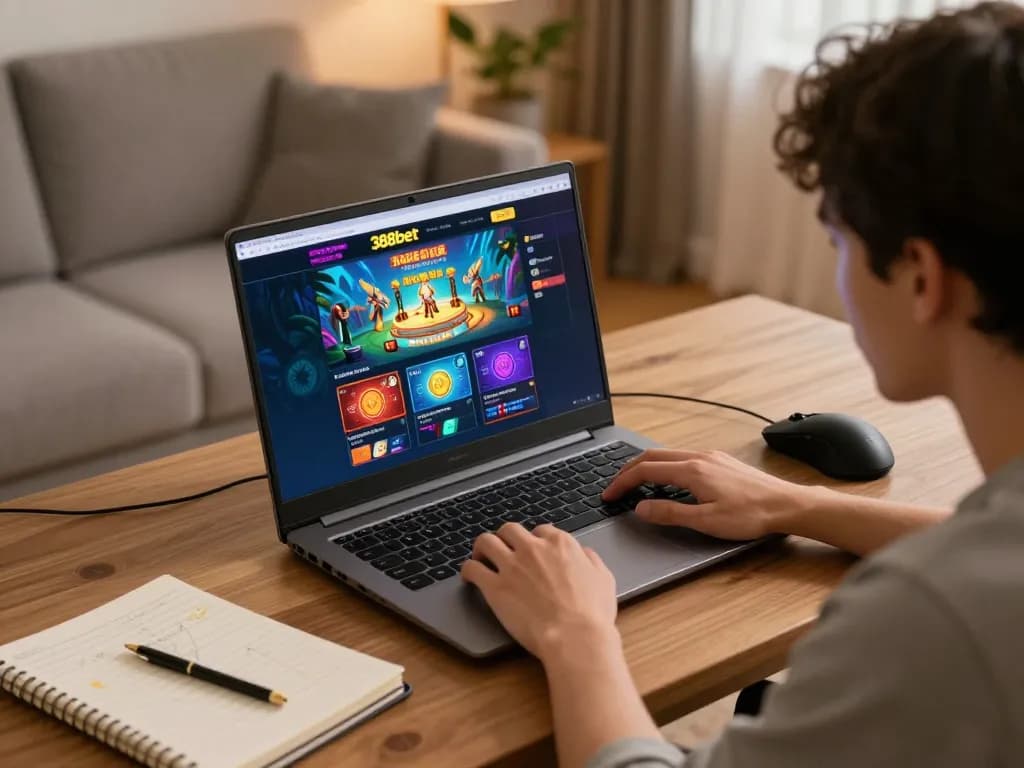 Engage in online gaming at 388bet with a player focused on a laptop for strategic betting.