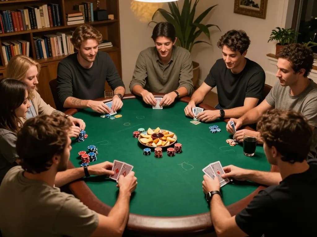 Friends play poker at home, enjoying a dynamic poker night experience with 8k8.
