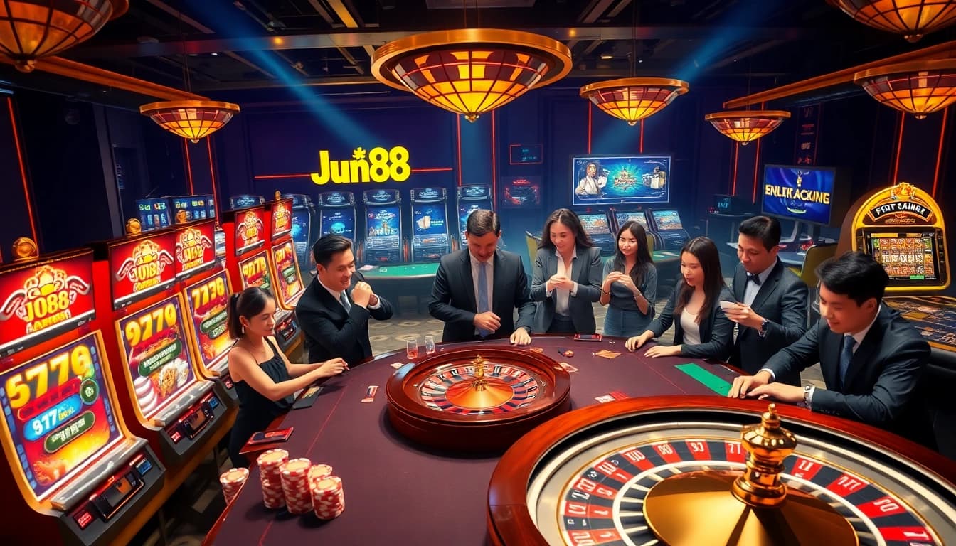 Jun88 casino experience showcasing players engaging at vibrant gaming tables with excitement.