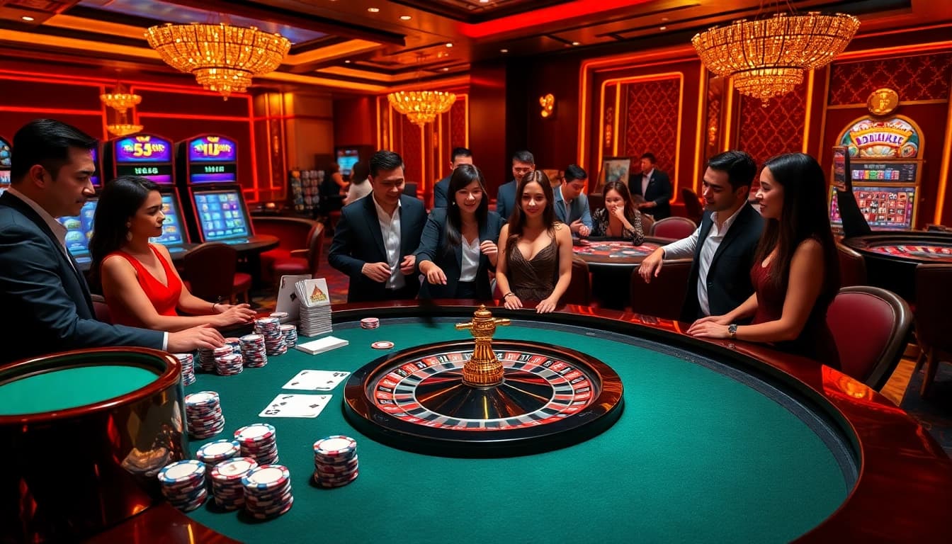 Excited players enjoying a luxurious xin88 casino experience at a stylish gaming table.