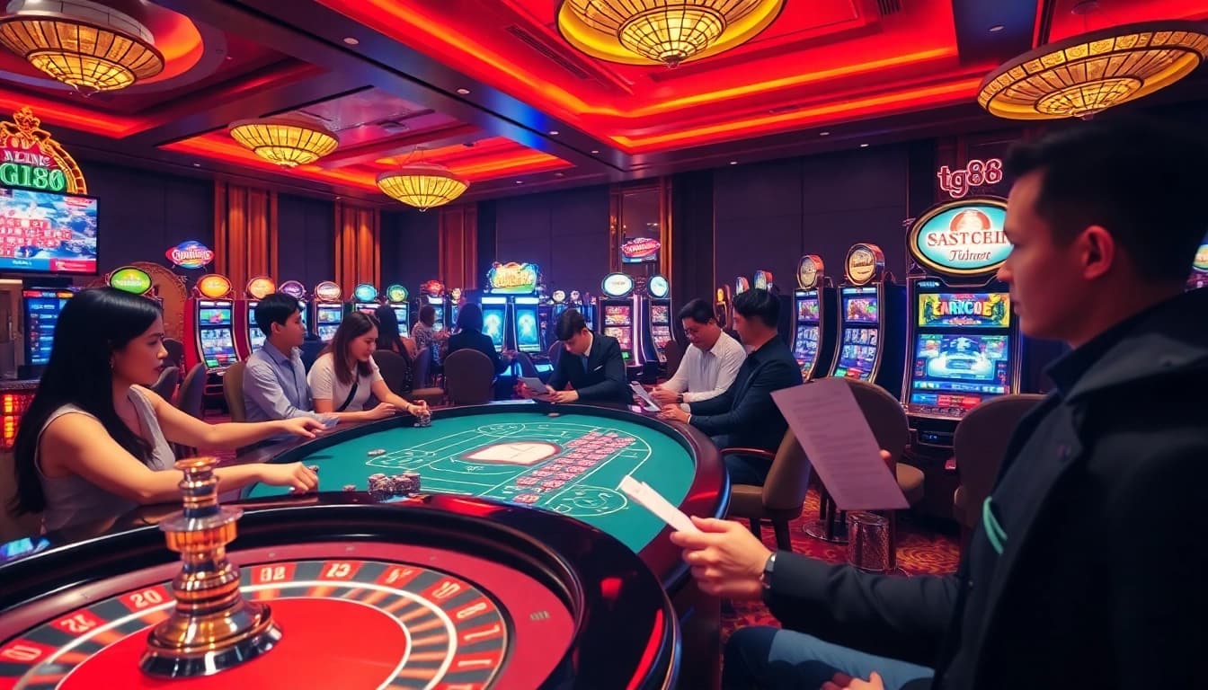 Experience the thrill of tg88 casino games with vibrant slot machines and engaging table setups.