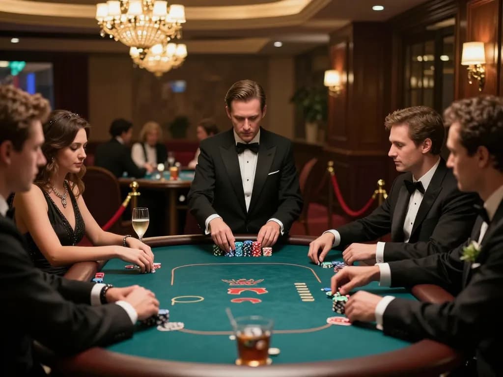 Players strategizing at a high-stakes poker game in a luxury casino during worldharpday celebration.