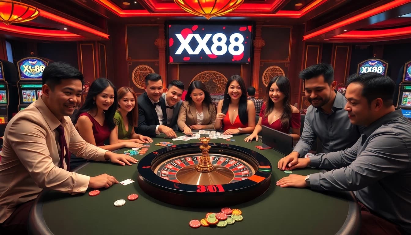 Players experience the excitement of winning at XX88 casino tables with poker chips and cards.
