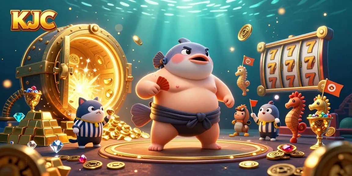 KJC immerses players in slots excitement with a lively underwater scene featuring vibrant characters and gold treasures.