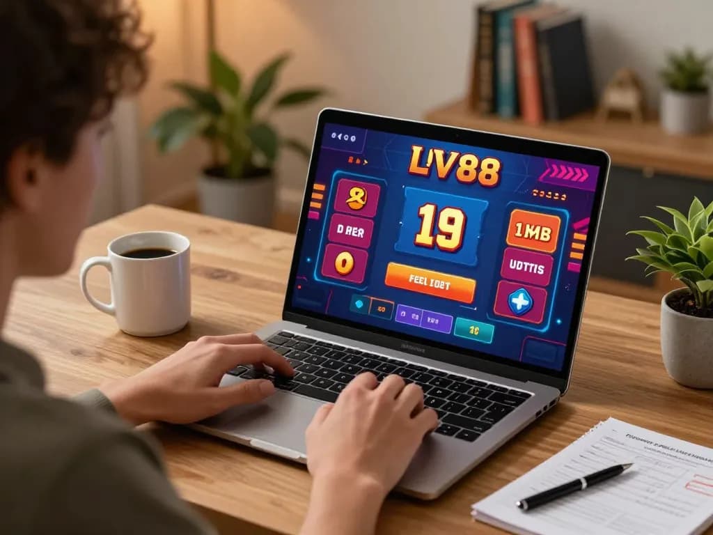 Engaged user playing LV88 online casino game on laptop with strategy notes nearby