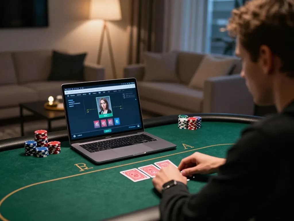 Player strategizing on LV88 poker interface with chips stacked on the table, showcasing online casino gaming.