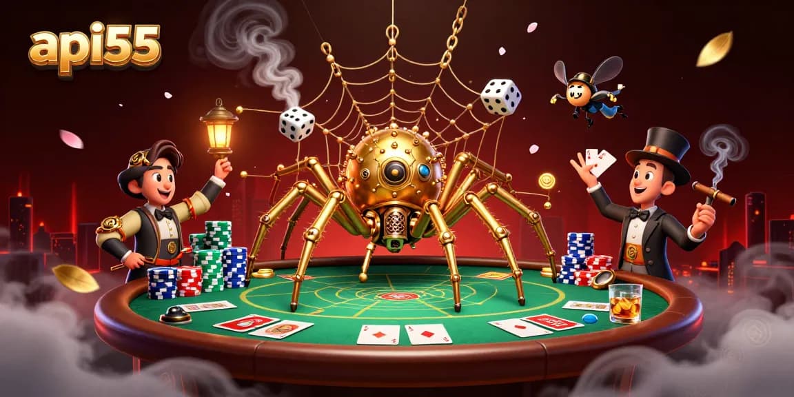 Engage with api55 as a steampunk spider weaves a golden web of casino elements.