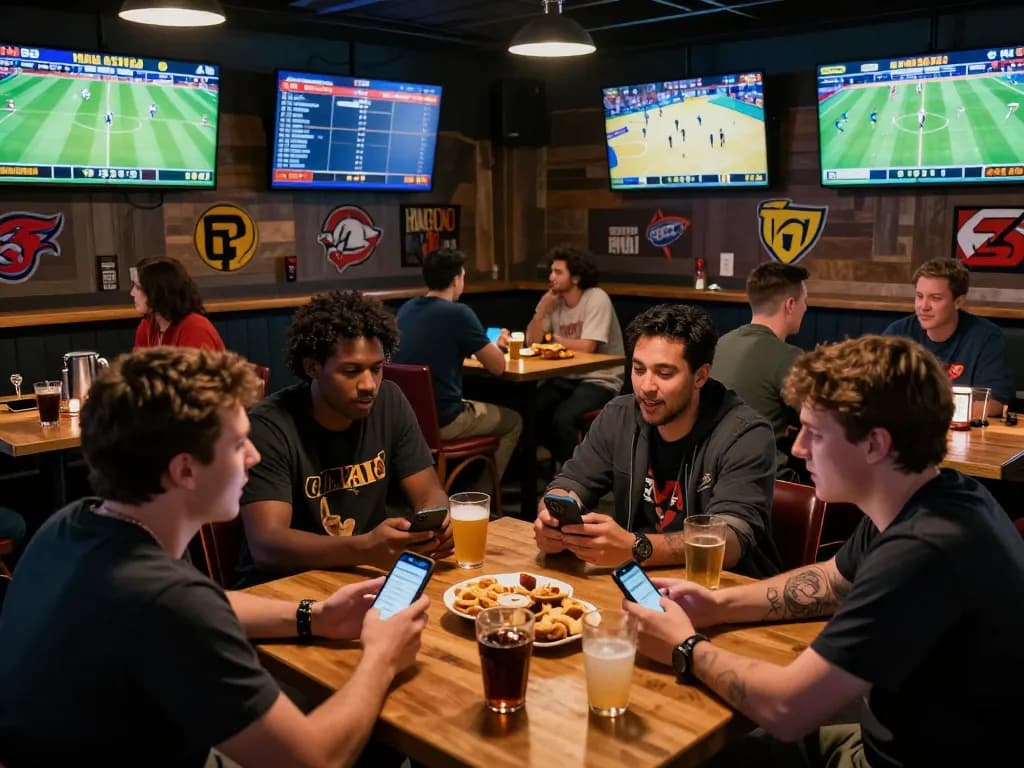 Soi Kèo sports bettors analyzing games at a modern bar, enhancing their betting strategies.